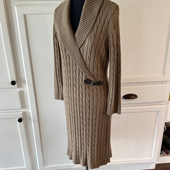 Calvin Klein Cable Knit Shawl Collar Sweater Dress with Brown Buckle Detail - Picture 3 of 8